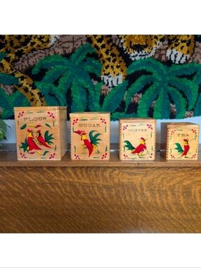 Vintage MCM Wooden Rooster Canister Set Flour Sugar Coffee Tea Hand Painted